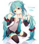  ahoge aqua_eyes aqua_hair character_name detached_sleeves hairdressing hatsune_miku highres komadori_ui long_hair necktie reflection skirt solo thighhighs twintails very_long_hair vocaloid zettai_ryouiki 