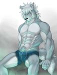  amber_eyes anthro biceps briefs bulge canine fur grey_fur hair istani looking_at_viewer male mammal muscles pecs pose sitting solo stan topless underwear white_hair wolf 