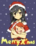  black_hair blush blush_stickers character_doll christmas hat highres ichijou_hotaru koshigaya_komari looking_at_viewer merry_christmas non_non_biyori santa_costume santa_hat short_hair smile snowing syuichi 