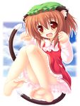  animal_ears barefoot bow brown_eyes brown_hair cat_ears cat_tail chen fang feet hat long_sleeves mob_cap multiple_tails nekomata no_panties open_mouth red_eyes smile soles solo tail toes touhou yokuran 