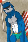  anthro biceps black_nose blue_fur bulge canine commandramonx digimon fur looking_at_viewer machgaogamon male mammal muscles nipples pecs pubes shinobiya solo standing teeth toned topless underwear white_fur 