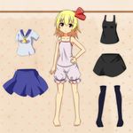  alternate_costume ascot barefoot blonde_hair bloomers camisole cato_(monocatienus) comic contemporary hair_ribbon hand_on_hip paper_doll red_eyes ribbon rumia school_uniform serafuku skirt smile solo thighhighs touhou underwear 