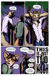  anthro blonde_hair boneitis brown_hair canine clothing comic dialog ear_piercing false_start green_eyes hair hands_on_head leon_henderson male mammal night open_mouth outside pants piercing purple_eyes purple_nose shirt simon text 