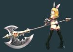  absurdres animal_ears armor ass axe blonde_hair blue_eyes boots bunny_ears detached_sleeves dicorndl elin_(tera) from_behind gauntlets highres huge_weapon looking_back no_pants panties short_hair solo tail tera_online thighhighs underwear weapon 
