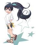  :d antennae black_hair bow earrings fang ganaha_hibiki hair_bow hoop_earrings idolmaster idolmaster_(classic) jewelry jito long_hair open_mouth ponytail sandals shorts smile solo 