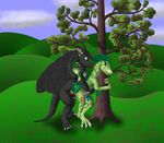  avian black_dragon cherry_tree dinosaur duo female feral feral_on_feral grass holding hryssar interspecies lithulraptor male outside penetration public raptor scalie sorambit straight tree vaginal vaginal_penetration wings zepher 