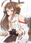  ahoge bare_shoulders brown_hair detached_sleeves double_bun hair_ornament hairband headgear japanese_clothes kantai_collection kongou_(kantai_collection) long_hair miri_(ago550421) nontraditional_miko open_mouth skirt smile solo 