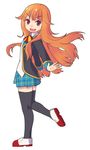  :3 :d amatsuka_mao black_legwear blazer bow fang gj-bu hair_flaps jacket jito long_hair open_mouth orange_hair plaid plaid_skirt red_eyes school_uniform shoes skirt smile solo standing standing_on_one_leg thighhighs uwabaki v-shaped_eyebrows 