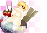  1girl banana breasts cherry chocolate dessert food fruit highres huge_breasts ice_cream kotomiko nitroplus plump pocky strawberry super_pochaco wafer 