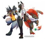  belt black_fur blue_eyes canine chain claws clothing dog fox fur green_eyes hair happy haychel holding jackal lucario male mammal mega_stone nintendo pants plain_background pok&#233;ball pok&#233;mon pok&eacute;ball pok&eacute;mon pose red_eyes smile trainer video_games white_background white_fur white_hair wolf zoroark 