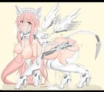  1girl all_fours android animal_ears ball_gag bdsm blush bondage bound breasts collar female gag gatling_raid linked_piercing linked_piercings long_hair looking_at_viewer nipple_chain nipple_piercing nipples original piercing pink_hair pussy_juice red_eyes saliva solo tail wings zero4242564 