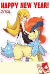  2014 blonde_hair crossover dress fooring gen_5_pokemon keldeo long_hair monogatari_(series) new_year oshino_shinobu pokemon pokemon_(creature) pokemon_(game) pokemon_bw2 riding yellow_eyes 