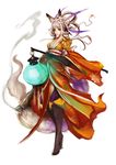  animal_ears breasts cannon character_request cleavage commentary english_commentary fox_ears fox_tail fusion half_updo highres japanese_clothes kongiku lantern medium_breasts muju oboro_muramasa orange_eyes silver_hair tail 