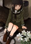  adjusting_clothes adjusting_shoe bangs black_hair blunt_bangs braid brown_eyes fuyube_gin_(huyube) hair_over_shoulder kantai_collection kitakami_(kantai_collection) loafers long_hair looking_at_viewer neckerchief pleated_skirt school_uniform serafuku shoes single_braid sitting skirt solo 