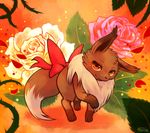  brown_fur eevee emma_the_eevee feral flower fur haychel leaf looking_at_viewer nintendo orange_eyes petal plant pok&#233;mon pok&eacute;mon pose ribbons rose smile solo thorns video_games vines white_fur white_rose 