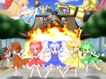  &gt;_&lt; 6+girls :&lt; =_= achi_cirno ahoge alternate_color alternate_element barefoot bird_costume blonde_hair blue_dress blue_eyes blue_hair blush bomb bow broom brown_dress brown_eyes brown_hair chain cirno closed_eyes daiyousei dress explosion fairy_wings fire green_dress green_eyes green_hair hair_bow hair_ribbon hakurei_reimu hapa_cirno hat highres hinanawi_tenshi hisou_tensoku horn ibuki_suika ice ice_wings ikazu_cirno kirisame_marisa lightning_bolt luna_child mofu_mofu multiple_girls multiple_persona mystia_lorelei open_mouth outstretched_arms pink_hair pose red_dress red_eyes ribbon rumia sandals shocker skeleton_costume star_sapphire sunny_milk super_sentai touhou wings witch_hat wriggle_nightbug yellow_dress yellow_eyes |_| 