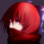  bow glowing glowing_eyes lowres neko_zukin red_eyes red_hair sekibanki short_hair simple_background solo touhou 