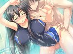  1boy 1girl against_glass aqua_background arched_back black_hair blush breasts censored competition_swimsuit dutch_angle erect! euphoria_trinity eyes_closed faceless faceless_male game_cg hetero large_breasts long_hair nipples one-piece_swimsuit penis piromizu pool swimsuit trinity_euphoria wet 
