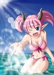  ;) bikini blue_eyes blue_sky blush breasts cleavage day demon_girl demon_horns earrings fangs horns jewelry lens_flare lilim_(shingeki_no_bahamut) ocean one_eye_closed pink_bikini pink_hair pointy_ears shingeki_no_bahamut short_hair short_twintails sky smile solo splashing swimsuit twintails wara_(widy) water 