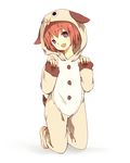  :d akaza_akari animal_costume bad_id bad_pixiv_id barefoot captain_yue dog_costume kneeling open_mouth pajamas paw_pose purple_eyes red_hair smile solo symbol-shaped_pupils yuru_yuri 