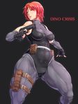  abs belt bodysuit breasts copyright_name detached_sleeves dino_crisis fingerless_gloves gloves gun handgun holster leotard muscle orange_eyes pistol pouch red_hair regina shikuta_maru short_hair skin_tight solo thick_thighs thigh_holster thighs weapon 