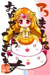  bow brooch bubble_skirt chibi circlet cure_muse_(yellow) hair_bow heart hummy_(suite_precure) jewelry long_hair magical_girl orange_hair orange_skirt pink_eyes precure ryuuta_(cure_ryuuta) shirabe_ako skirt smile solo suite_precure yellow_bow 
