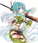  anti-materiel_rifle blue_eyes blue_hair fina_(sa47rin5) fingerless_gloves gloves gun mouth_hold pgm_hecate_ii rifle scarf short_hair short_shorts shorts sinon sniper_rifle sword_art_online traditional_media weapon 