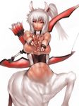  2014 bow_(weapon) breasts centaur dark_skin double_v fumio_(rsqkr) horse large_breasts lips monster_girl navel nipples original outstretched_arms ponytail quiver red_eyes side_ponytail solo toned v weapon white_hair 