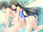  1girl barefoot black_hair blush breasts brown_eyes censored erect! euphoria_trinity game_cg hair_ornament long_hair pantyhose penis piromizu swimsuit trinity_euphoria wet 