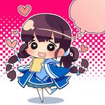  blush brown_hair chibi heart heart-shaped_pupils heart_in_mouth lowres onabe_no_kata open_mouth sengoku_taisen skirt solo suzuki_kokono symbol-shaped_pupils thighhighs thought_bubble twintails 