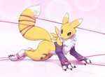  3_fingers 3_toes ambiguous_gender bdsm black_nose blue_eyes bondage bound canine chest_tuft claws clothing digimon ebikyun elbow_gloves fluffy_tail fox fur gloves looking_at_viewer mammal paws pink_background plain_background raised_tail renamon rope solo tail_bondage tattoo toe_claws tuft valderic_blackstag white_fur yellow_fur yin_yang 