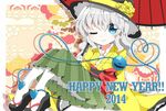  2014 alternate_costume blue_eyes blush clog_sandals eyeball hakama_skirt happy_new_year hat hat_ribbon heart heart_of_string highres komeiji_koishi kyapinetzu long_sleeves new_year obi one_eye_closed oriental_umbrella pantyhose ribbon sash short_hair silver_hair skirt solo third_eye touhou umbrella white_legwear wide_sleeves 