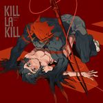  1girl black_hair blush boy_on_top claws covering covering_breasts eyebrows kill_la_kill life_fiber lying matoi_ryuuko muscle nude one-eyed personification pinned red_hair red_string rei_(sanbonzakura) scar scissor_blade senketsu string thick_eyebrows 