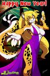  anthro beverage big_breasts black_fur blonde_hair breasts chalo cheetah cleavage clothed clothing dress drink feline female fireworks fur hair holidays jewelry katbox long_hair mammal mihari new_year one_eye_closed skimpy smile solo standing white_fur window wink 