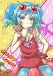  alternate_hair_color alternate_hairstyle candy candy_candy_(song) cosplay food goggles goggles_on_head gumi hand_on_hip highres hua kyary_pamyu_pamyu kyary_pamyu_pamyu_(cosplay) lollipop sidelocks solo twintails vocaloid 