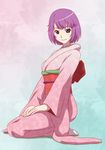  barefoot blue_eyes japanese_clothes kimono koimonogatari monogatari_(series) pink_kimono pitecube purple_hair seiza senjougahara_hitagi short_hair sitting toes 