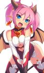  :d bat_wings bent_over blue_eyes blush breast_press breasts demon_girl demon_horns demon_wings earrings fang garter_belt head_tilt horns jewelry jpeg_artifacts lilim_(shingeki_no_bahamut) medium_breasts mel/a open_mouth pink_hair pointy_ears scrunchie shingeki_no_bahamut short_twintails slit_pupils smile solo tail thighhighs twintails underboob v_arms wings 