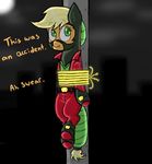  applejack_(mlp) blonde_hair city clothing cloud costume dialog english_text equine female freckles friendship_is_magic glowing green_eyes hair horse ichibangravity mammal mask mistress_mare-velous_(mlp) moon my_little_pony night outside pole pony power_ponies_(mlp) rope solo superhero text 