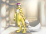  blue_eyes breasts canine clothing costume dog female fur fursuit hair hood invalid_tag mammal multi-colored_hair pink_hair shanegdraco smile solo spandex suit tight_clothing 