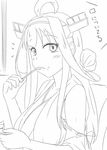  ahoge bare_shoulders breasts cake comic detached_sleeves eating eyelashes food food_on_face fork greyscale hair_bun hairband headgear highres kantai_collection kongou_(kantai_collection) large_breasts long_hair monochrome nontraditional_miko shigure_ryuunosuke solo translated upper_body 