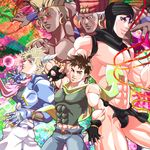  blonde_hair blue_jacket brown_hair bubble caesar_anthonio_zeppeli esidisi facial_mark fingerless_gloves gloves haruja hat head_scarf highres jacket jojo_no_kimyou_na_bouken joseph_joestar_(young) kars_(jojo) multiple_boys muscle scarf tattoo tentacles wamuu white_hair 