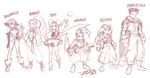  3girls brandy_(musashiden) brave_fencer_musashiden character_name double_bun jean_walker katana liquor_(musashiden) miyamoto_musashi monochrome multiple_boys multiple_girls robert_porter sasaki_kojirou sketch sword topo topo_(musashiden) weapon 