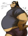  anthro beard belly big_belly big_butt black_hair boar butt clothed clothing eyes_closed eyewear facial_hair glasses hair lucusold male mammal midriff obese obese_male overweight overweight_male porcine simple_background solo stretching text tusks white_background 