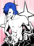  abs blue_eyes blue_hair censored hair_over_one_eye hair_slicked_back kill_la_kill licking_lips male_focus mikisugi_aikurou navel novelty_censor off_shoulder open_fly shirt_removed shuu_(xshuu) solo tongue tongue_out undressing unzipped 