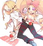  1girl all_fours androgynous bad_id bad_pixiv_id big_hair blonde_hair bow chinako_(pixiv) commentary_request dress drill_hair eyepatch glasses harime_nui heart iori_shirou kill_la_kill labcoat long_hair mask pink_bow pins ponytail ribbon smile strapless strapless_dress twin_drills twintails yellow_eyes 