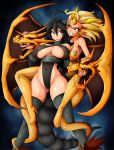  animal_humanoid areola big_breasts breasts clothing crossgender dragon_humanoid female female/female footwear godzilla godzilla_(series) high_heels humanoid kaiju kaiju_girls_(webcomic) king_ghidorah legwear leotard multi_tail nipples sheer_clothing shoes stockings thigh_highs translucent transparent_clothing witchking00 