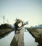  :d bad_id bad_pixiv_id bridge brown_hair cityscape closed_eyes coat hanno open_mouth original power_lines river scarf scenery smile solo wind 