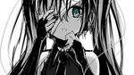  bandages crying green_eyes greyscale hatsune_miku kojiki-life long_hair looking_at_viewer monochrome simple_background solo spot_color tears vocaloid white_background 