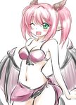  ;) bikini black_bikini blush_stickers breasts cleavage demon_girl demon_horns demon_wings green_eyes highres horns lilim_(shingeki_no_bahamut) medium_breasts navel nononet one_eye_closed pointy_ears purple_sarong sarong shingeki_no_bahamut short_hair short_twintails slit_pupils smile solo swimsuit tail twintails wings 