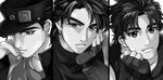  bad_id bad_pixiv_id chin_rest family fingerless_gloves gloves greyscale hat jojo_no_kimyou_na_bouken jonathan_joestar joseph_joestar_(young) kuujou_joutarou male_focus monochrome mpkxx multiple_boys 